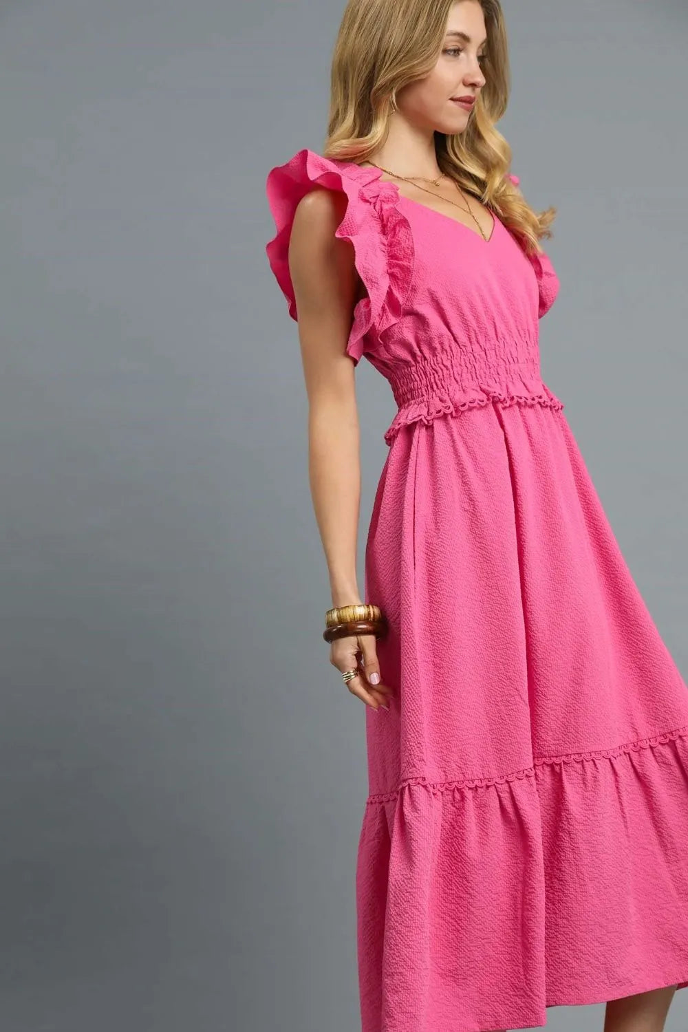 Hot Pink Umgee V Neck Ruffled Cap Sleeve Midi Dress