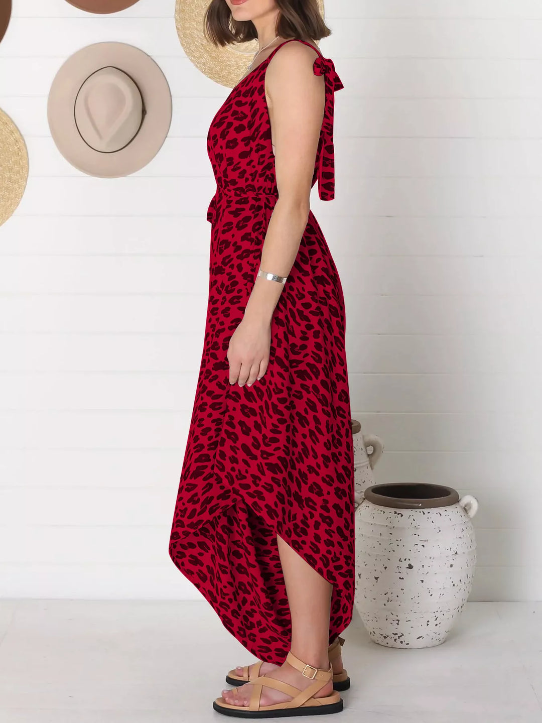 Red Full Size Leopard Print V Neck Wide Leg Jumpsuit Plus Size