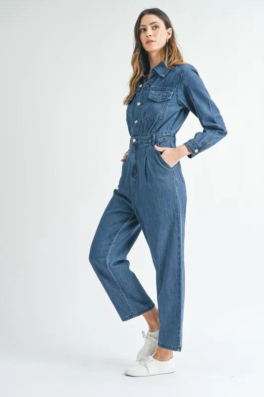 Mable Cinched Waist Straight Leg Denim Jumpsuit