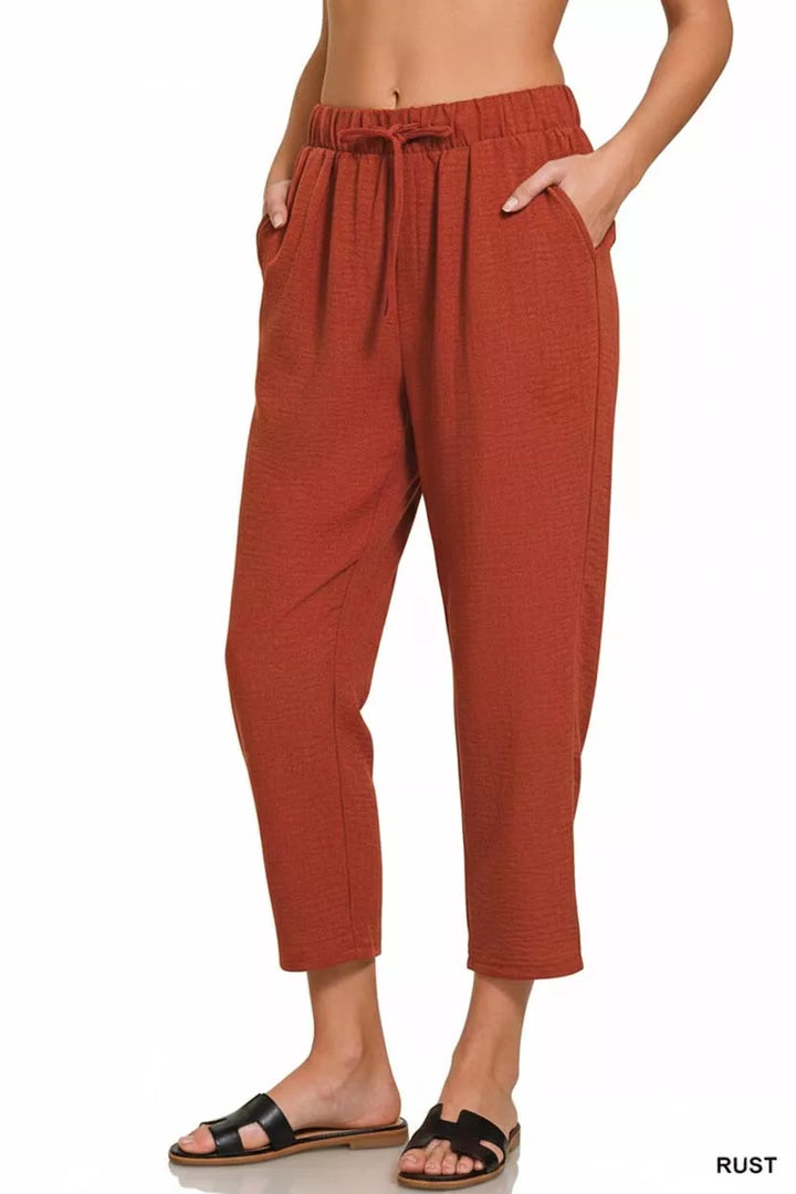Rust Zenana Woven Crepe Elastic Band Waist Pants 1