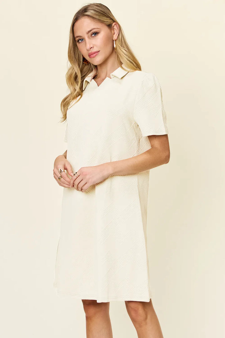 White Double Take Full Size Texture Collared Neck Short Sleeve Dress
