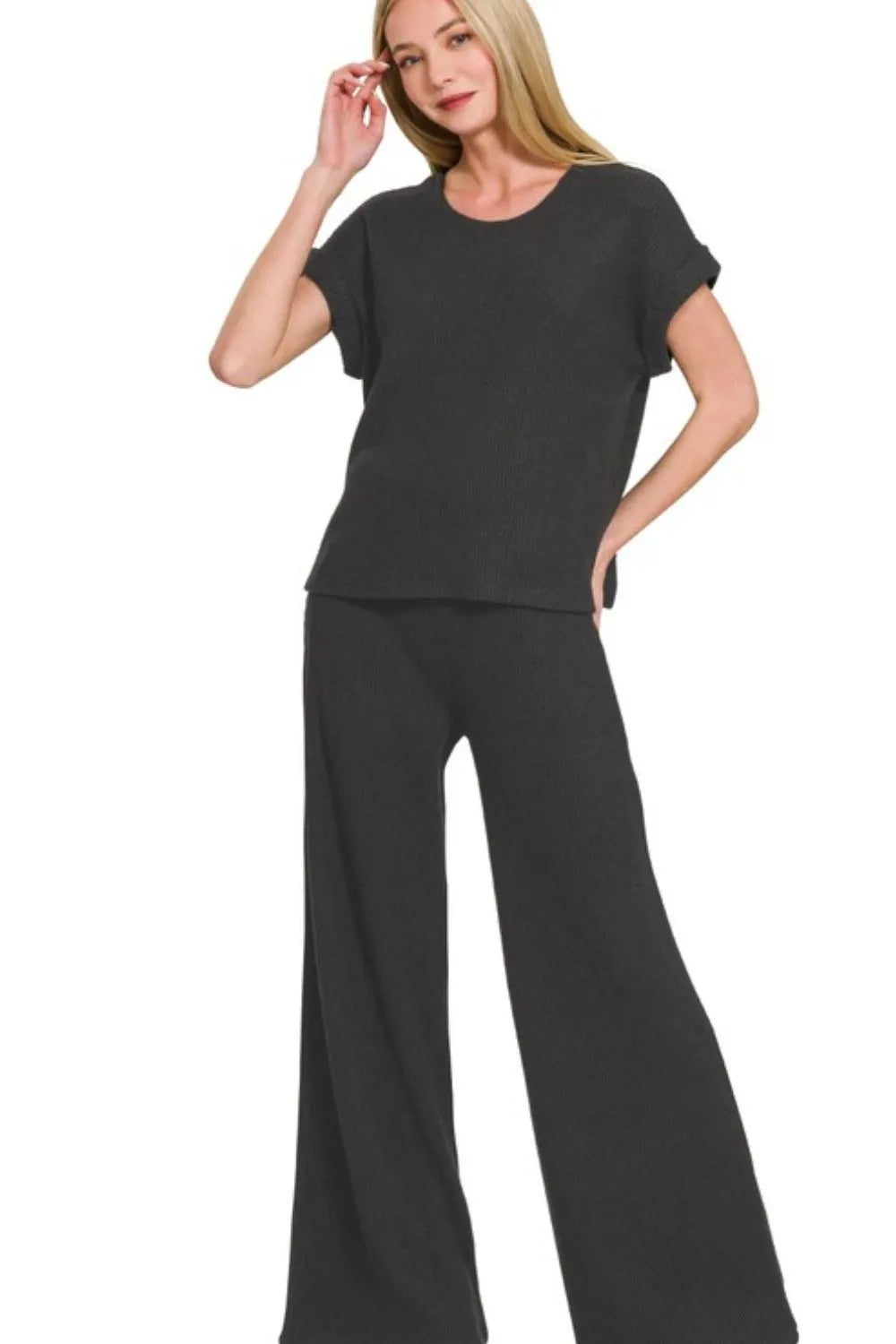 Black Zenana Rolled Sleeve Top And Pants Sweater Set 2
