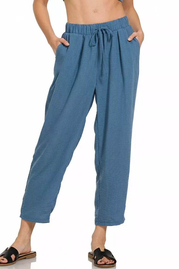 Dusty Blue Zenana Woven Crepe Elastic Band Waist Pants 3