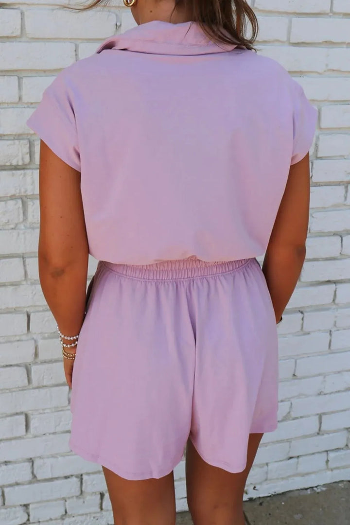 Lilac Short Sleeve Zipper Collared Elastic High Waist Romper