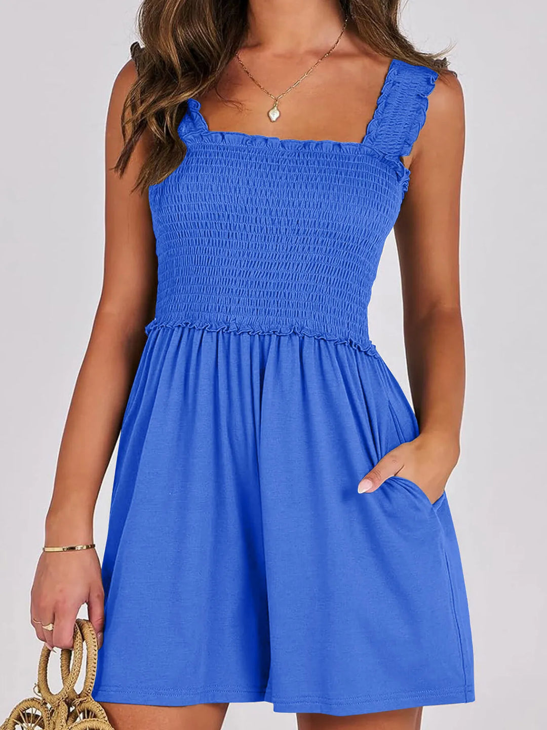 Blue Smocked Square Neck Summer Romper