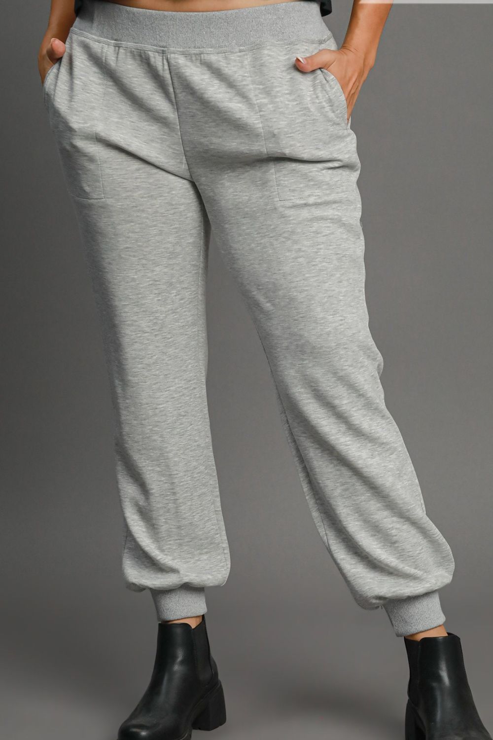 Light Gray Umgee Full Size High Rise Elastic Waist Knit Joggers With Pockets Plus Size 1
