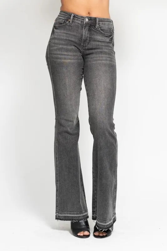 Gry Judy Blue Full Size Mid Rise Tummy Control Washed Gray Release Hem Flare Jeans Plus Size