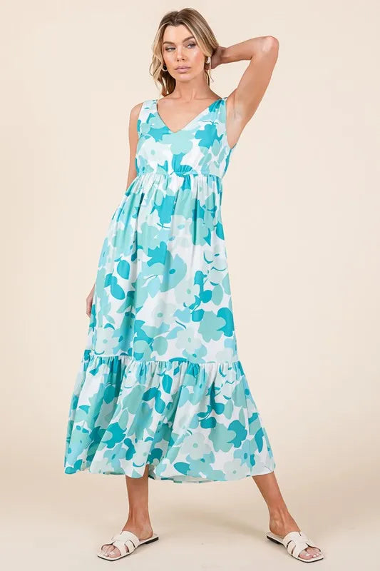 Sea Foam Lime N Chili Sleeveless Floral Print V Neck Midi Dress