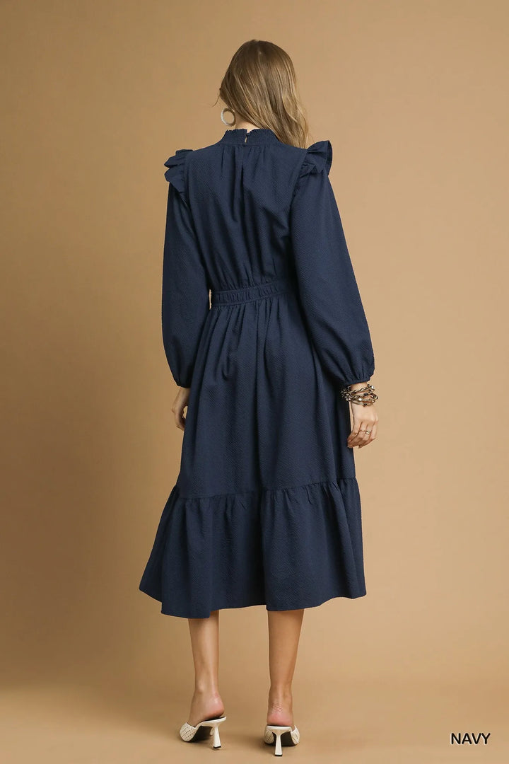 Navy Umgee Textured Midi Dress With Ruffle Shoulder Detail