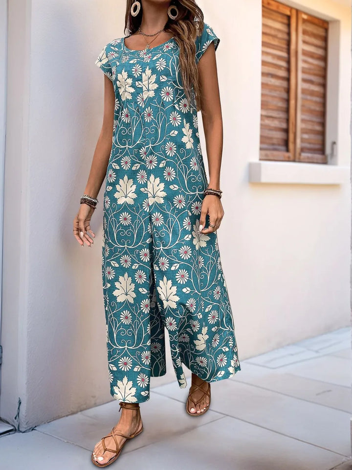 Navy Perfee Printed Round Neck Cap Sleeve Wide Leg Jumpsuit