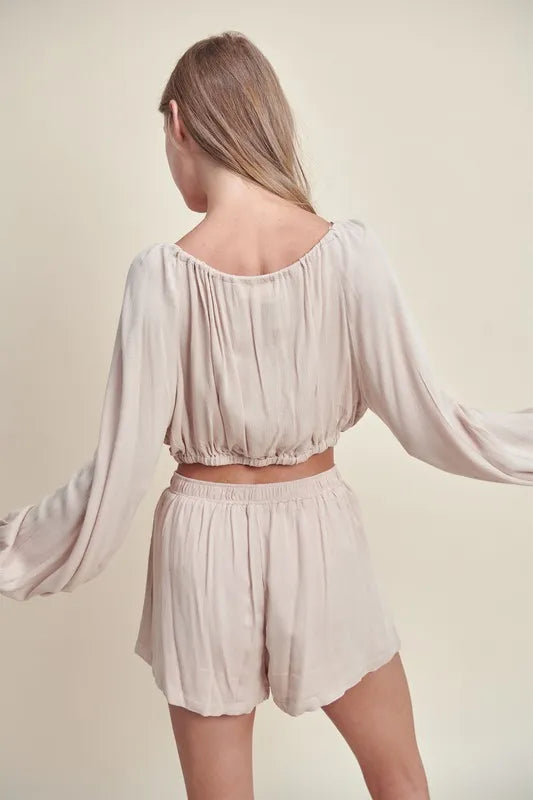 Lt Taupe Mable Gauze Long Sleeve Button Crop Top And Short Set