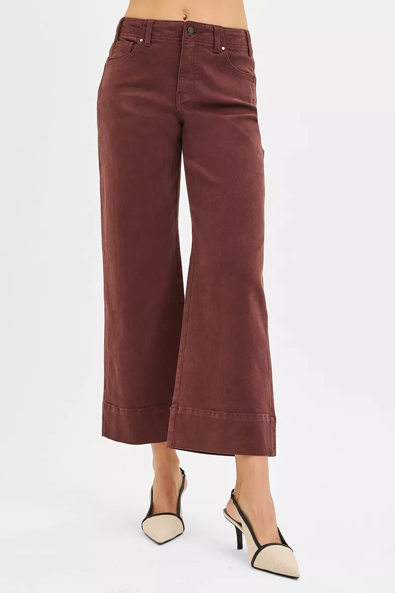 Choco Brown Risen Tummy Control High Rise Crop Wide No Waist Band Pants