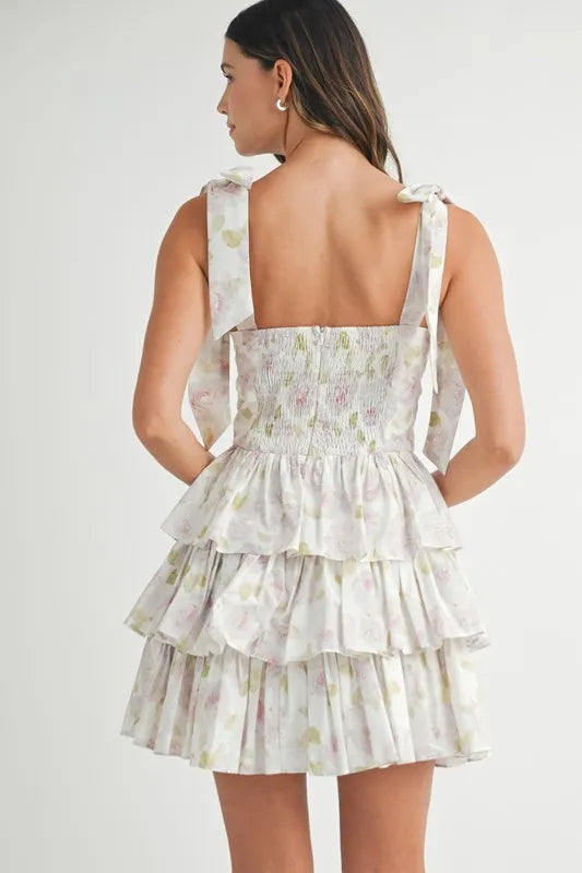 Mable Floral Print Shoulder Tie Layered Mini Dress