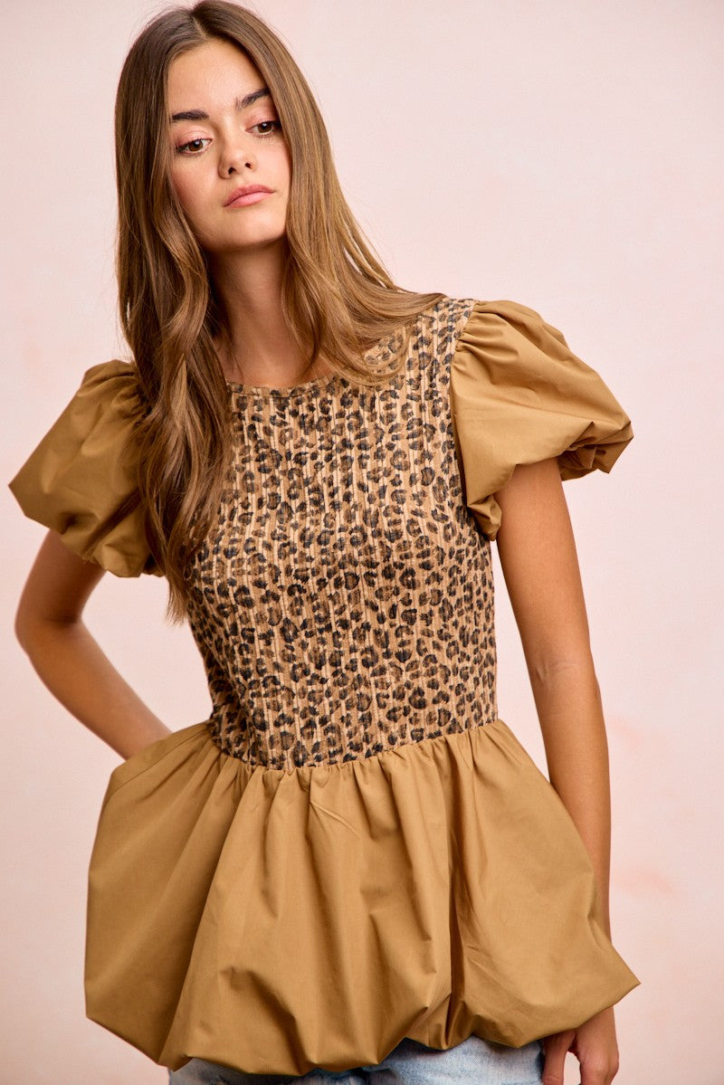 Leopard Bibi Rib Texture Leopard Puff Sleeves Bubble Peplum Top