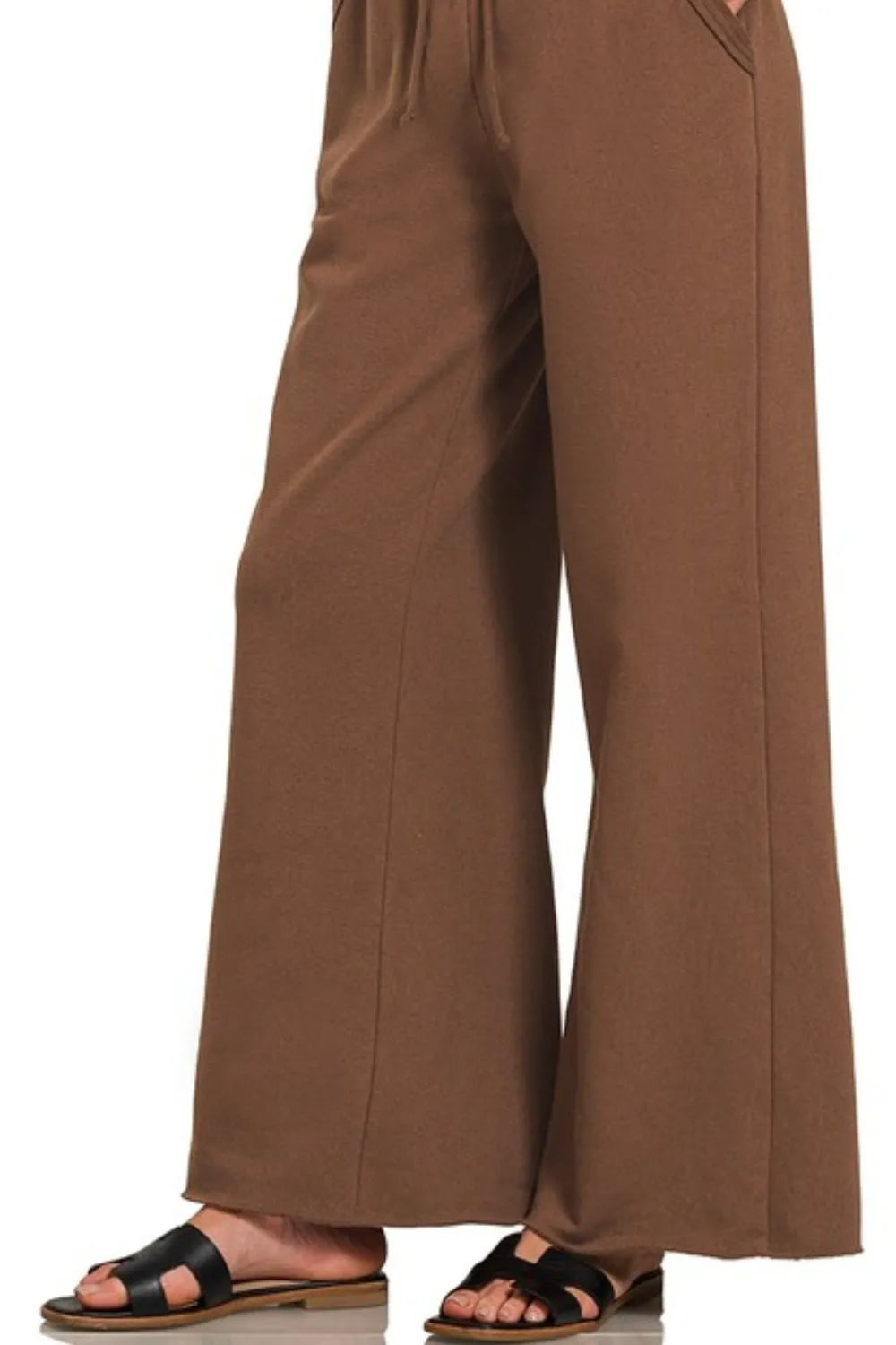 Brown Zenana Fleece Exposed Seam Wide Leg Sweatpants