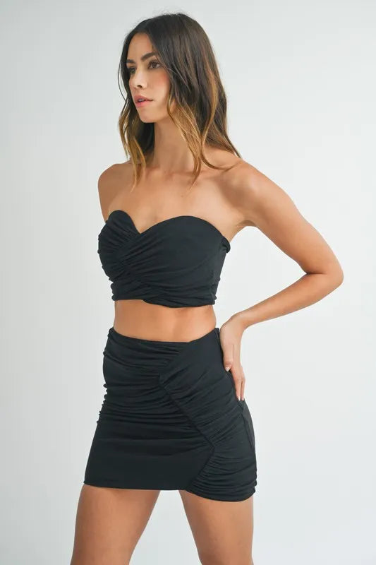 Black Mable Ruched Tube Crop Top And Skirt Set
