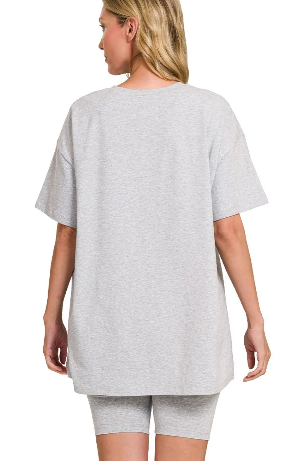 H Grey Zenana Cotton Round Neck Top Biker Shorts 4