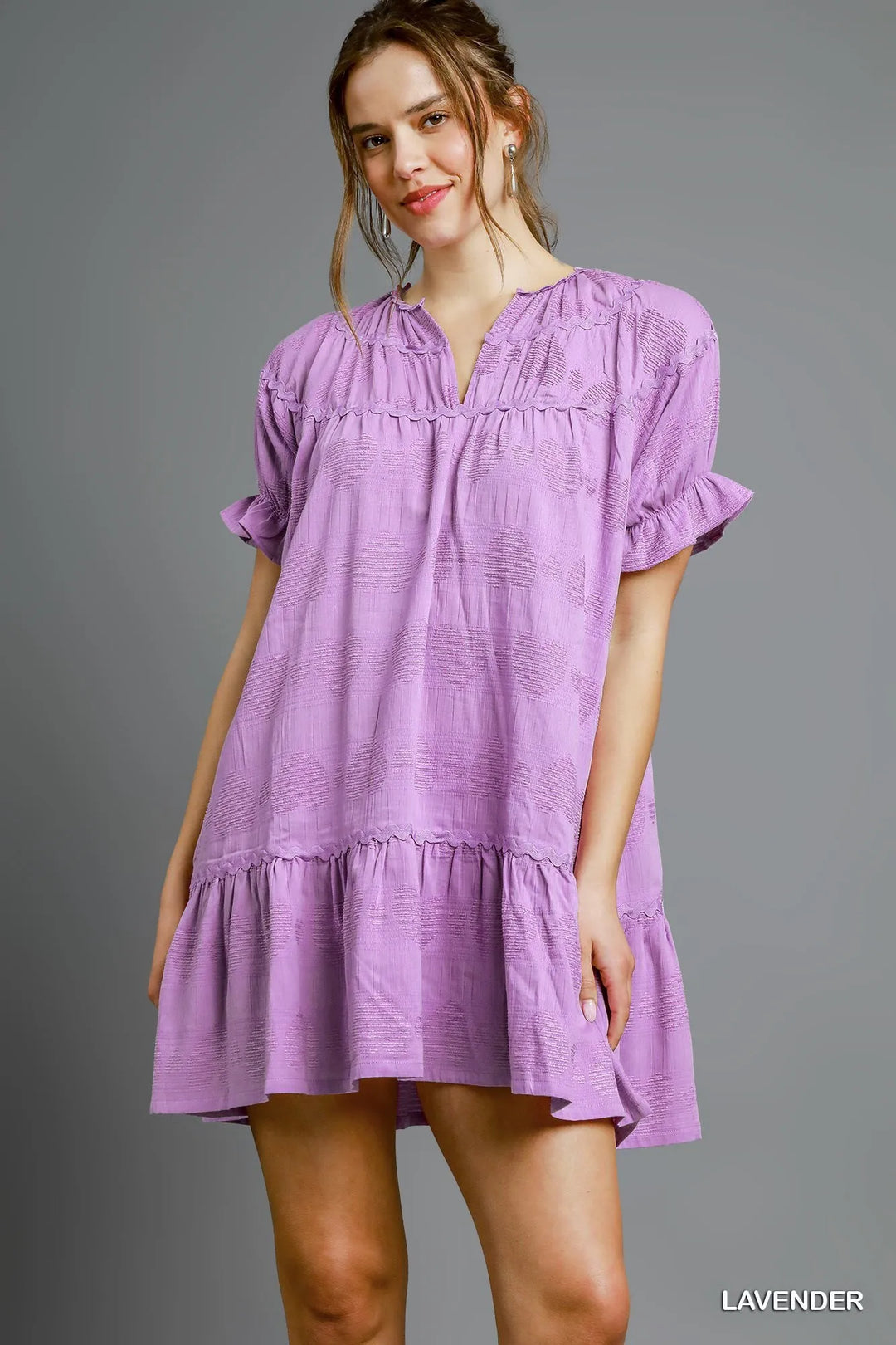 Lavender Umgee Heart Pattern Short Sleeve Ruffle Babydoll Dress