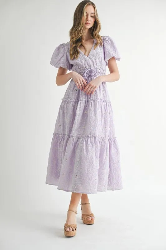Lavender Mable Eyelet Lace Puff Sleeve V Neck Midi Dress 1
