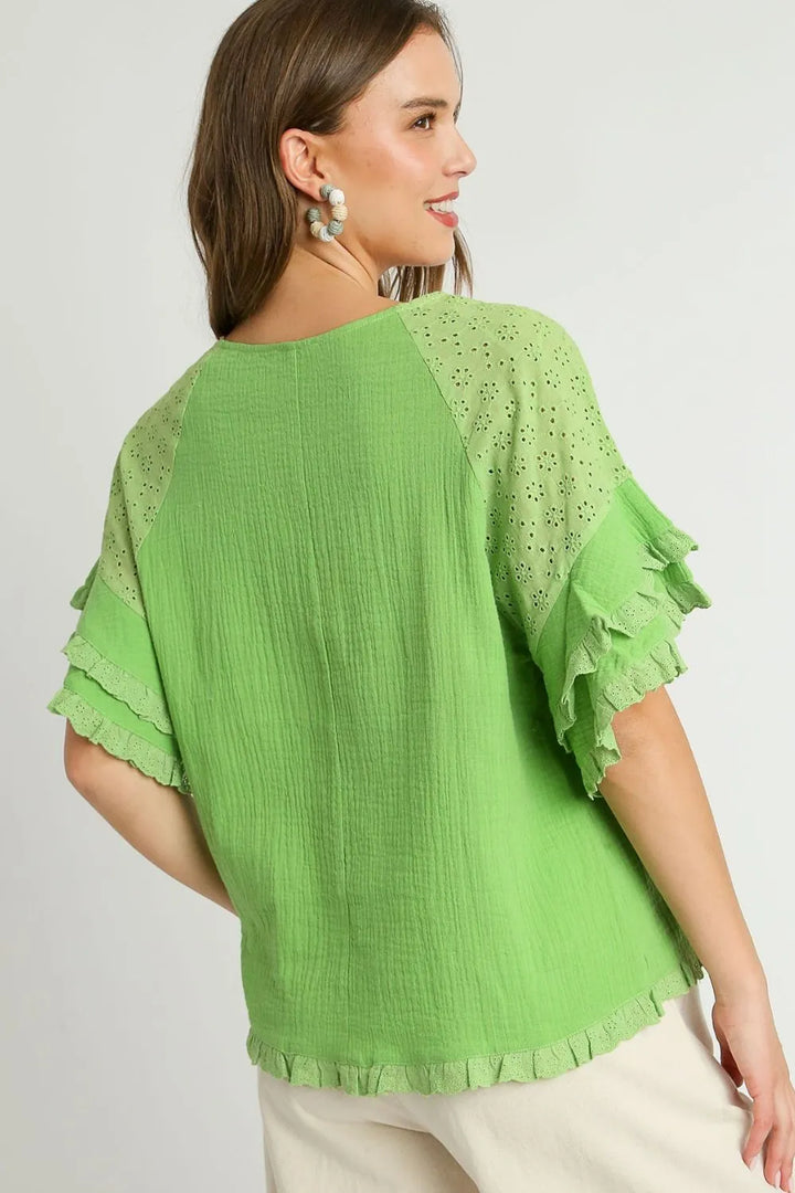 Lime Umgee Full Size Cotton Gauze Round Neck Ruffle Eyelet Layered Sleeve Blouse Plus Size