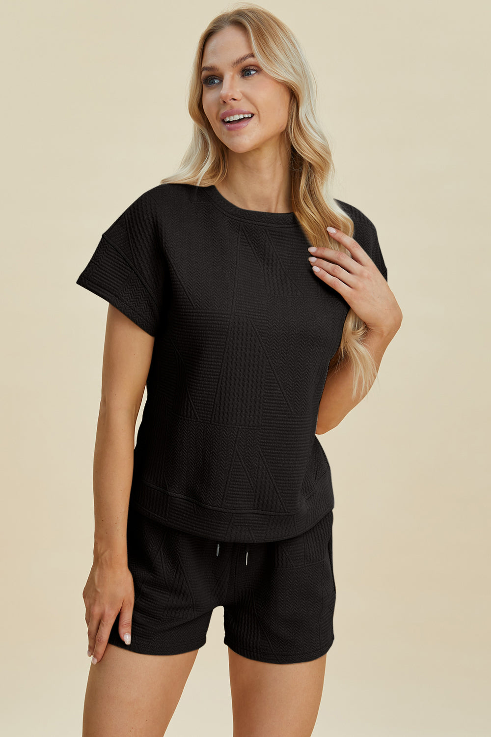 Brown Double Take Full Size Texture Short Sleeve Top And Shorts Set