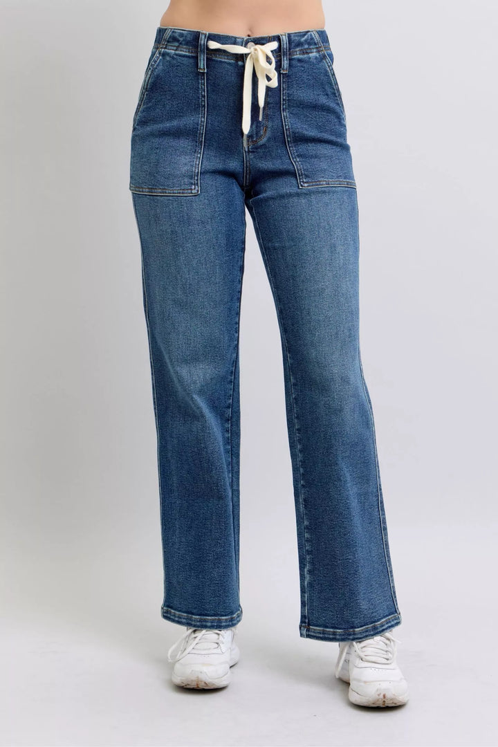 Md Judy Blue Drawstring Straight Jeans With Pockets