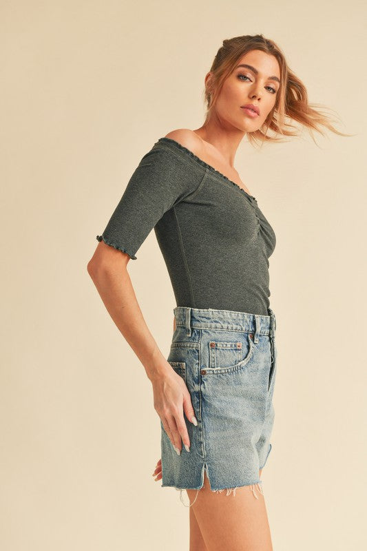 Aemi Co Ruched Frill Off Shoulder Half Sleeve Knit Top