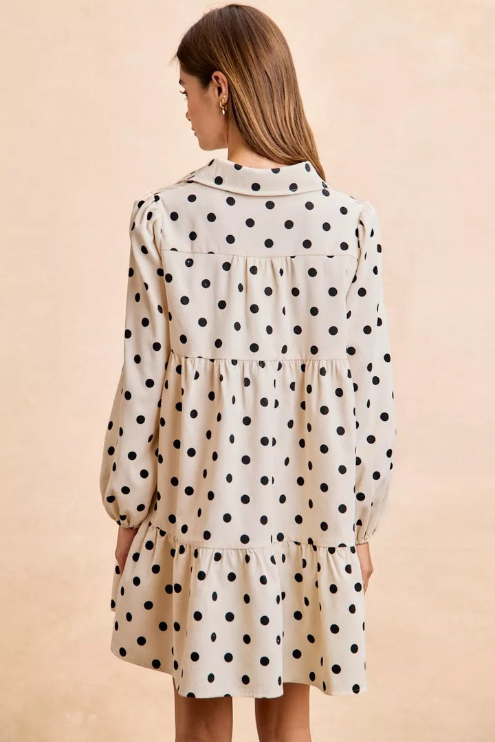 Bibi Polka Dot Corduroy Collared V Neck Dress