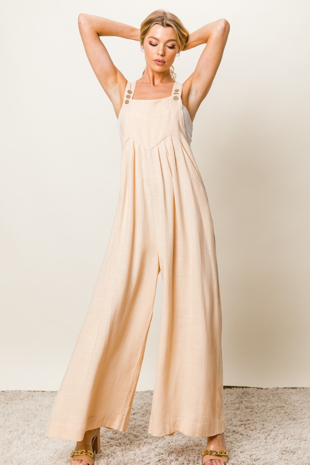 Oatmeal Bibi Texture Sleeveless Wide Leg Jumpsuit