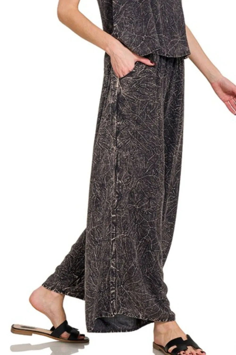 Ash Black Zenana Woven Acid Crinkle Washed Cami Pants 2 Piece Set 2