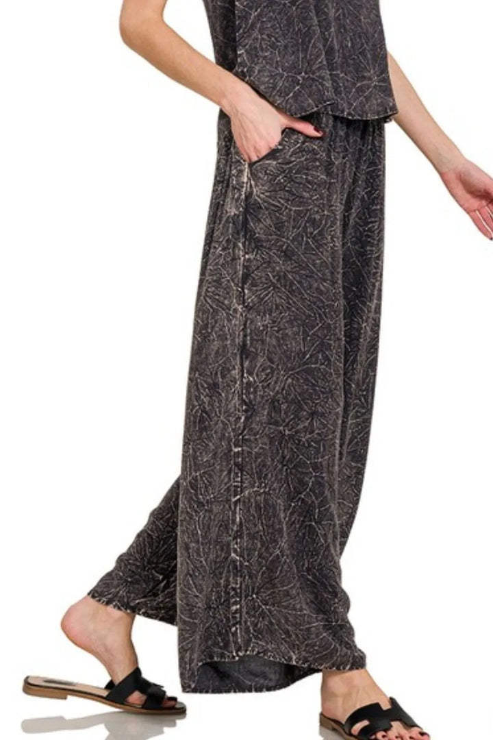 Ash Black Zenana Woven Acid Crinkle Washed Cami Pants 2 Piece Set 2