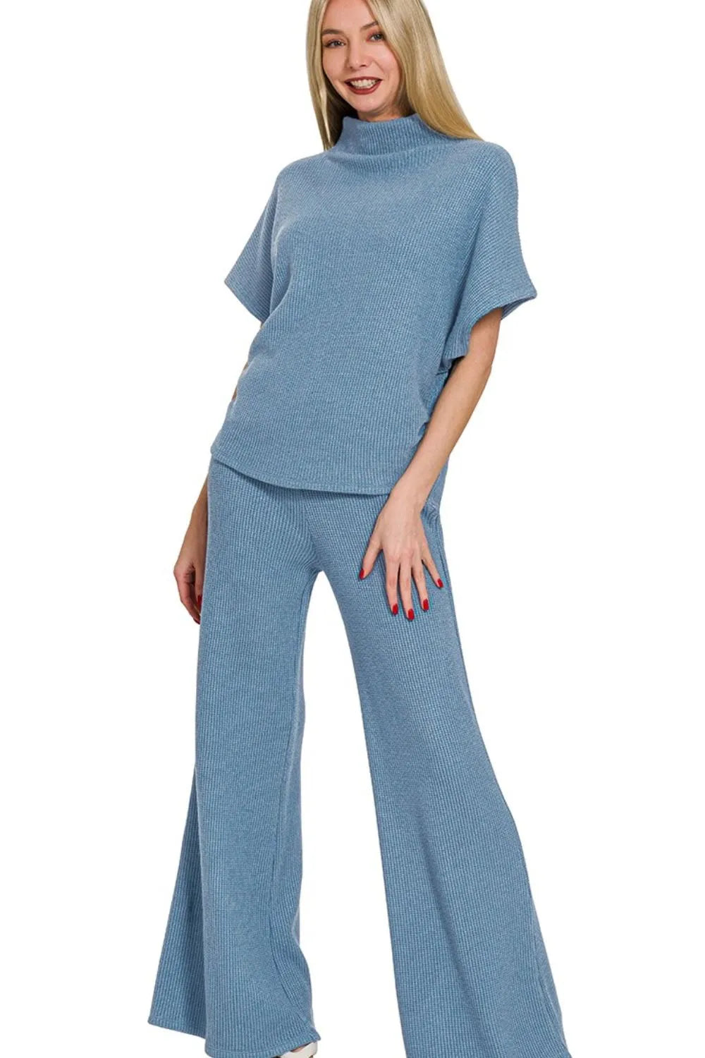 Dusty Blue Zenana Sweater Mock Neck Top Long Pants Set 5