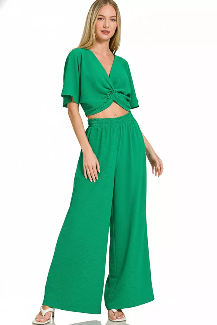 K Green Zenana Woven Airflow Twisted Top Wide Leg Pants Set