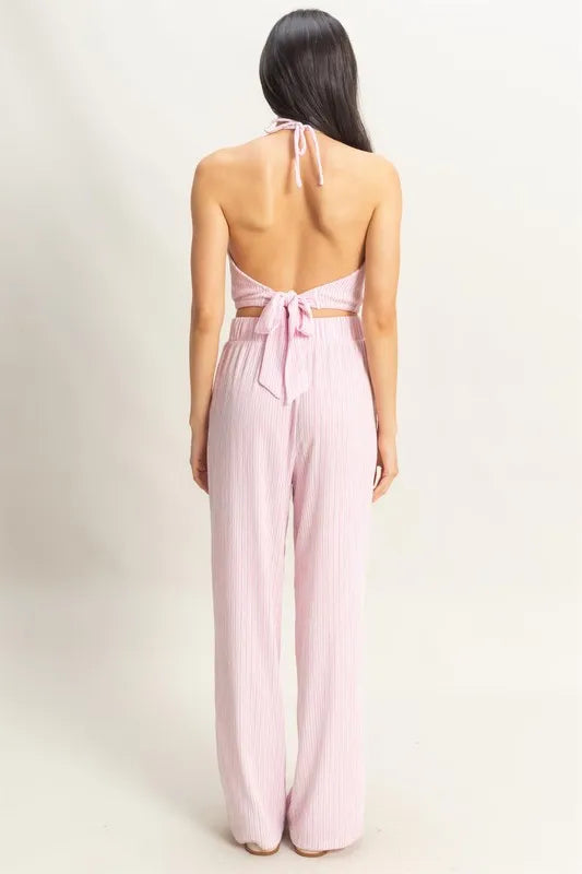 Pink/White Hyfve Striped Halter Neck Top And Pants Set 1