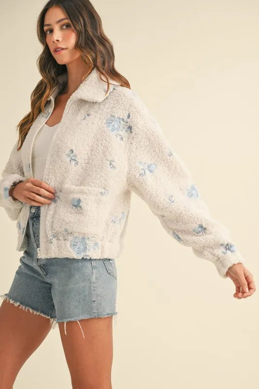 Mable Floral Embroidered Fleece Teddy Jacket