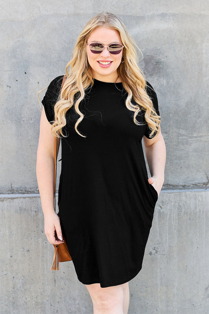 Black Basic Bae Bamboo Full Size Round Neck Short Sleeve Dress With Pockets
