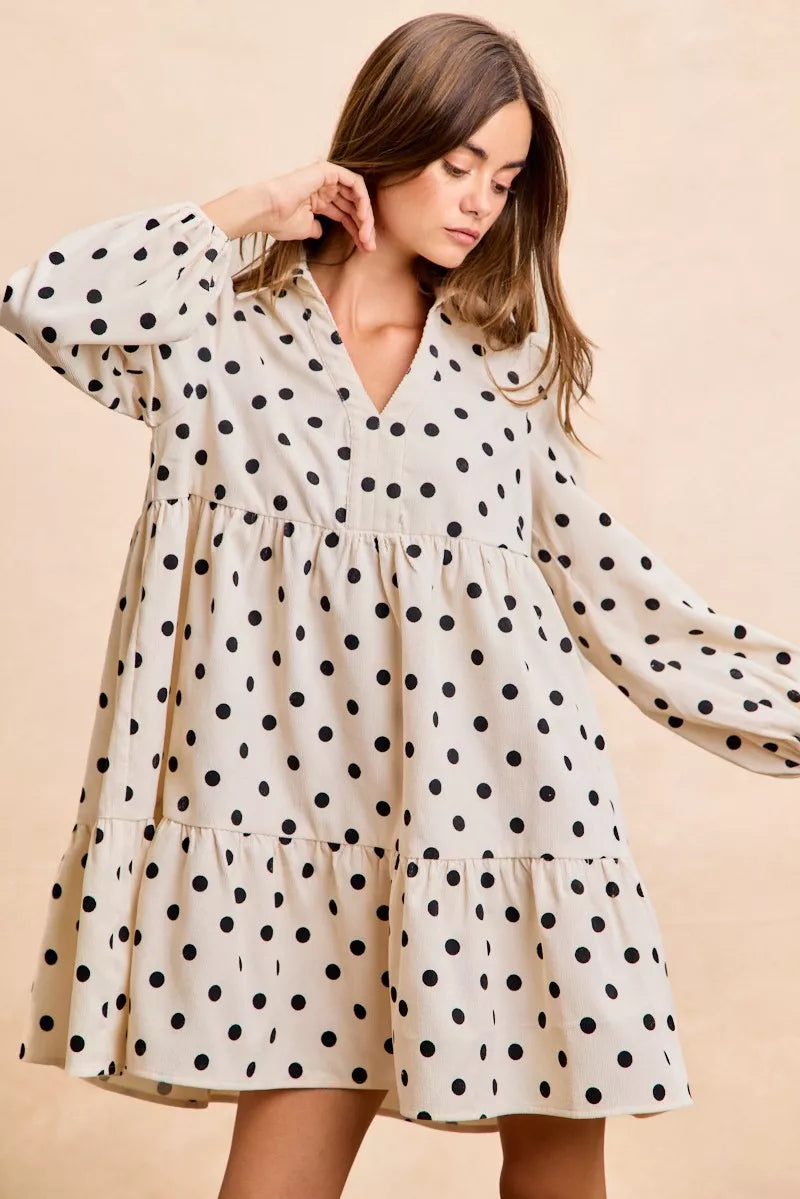 Ivory/Black Bibi Polka Dot Corduroy Collared V Neck Dress