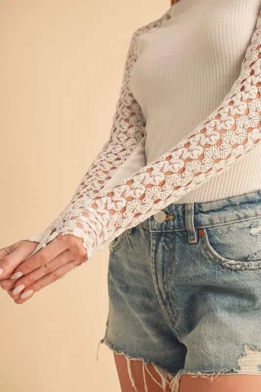Aemi Co Mock Neck Lace Long Sleeve Knit Top