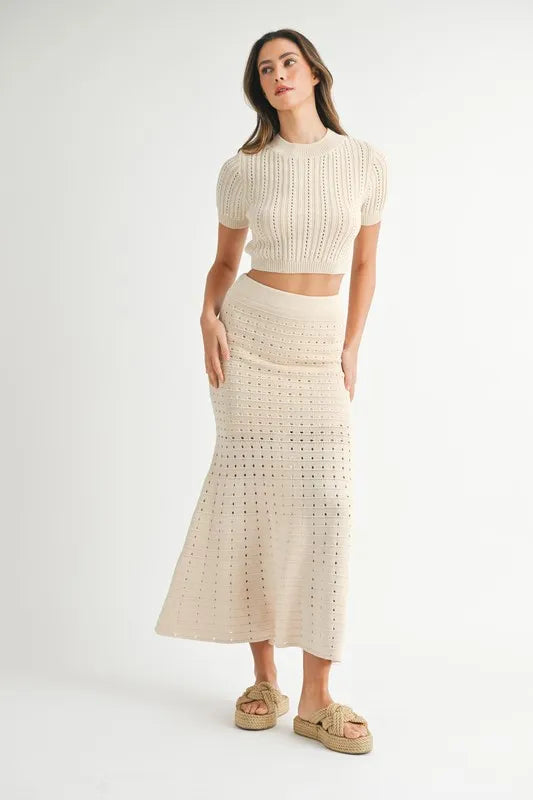 Cream Mable Pointelle Short Sleeve Crop Top And Slit Skirt Sweater Set 2