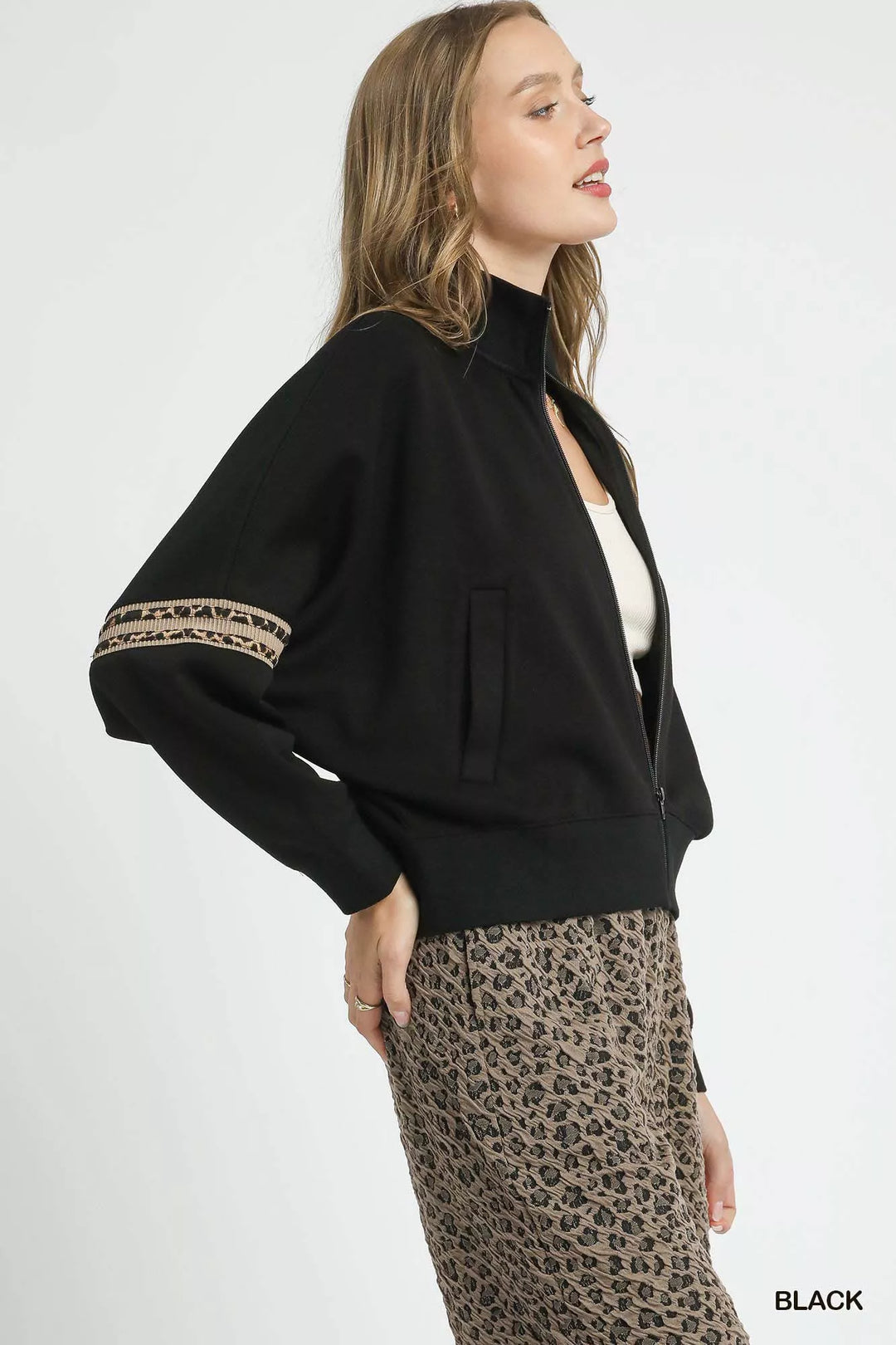 Black Umgee Zipper Up Cropped Jacket With Leopard Trim