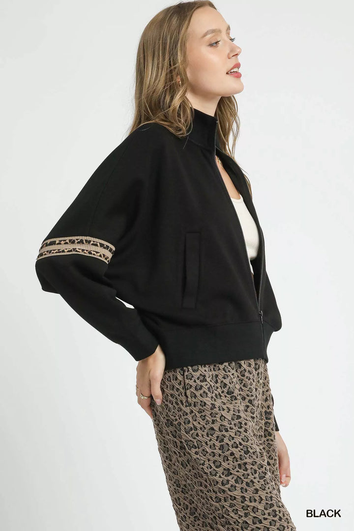 Black Umgee Zipper Up Cropped Jacket With Leopard Trim