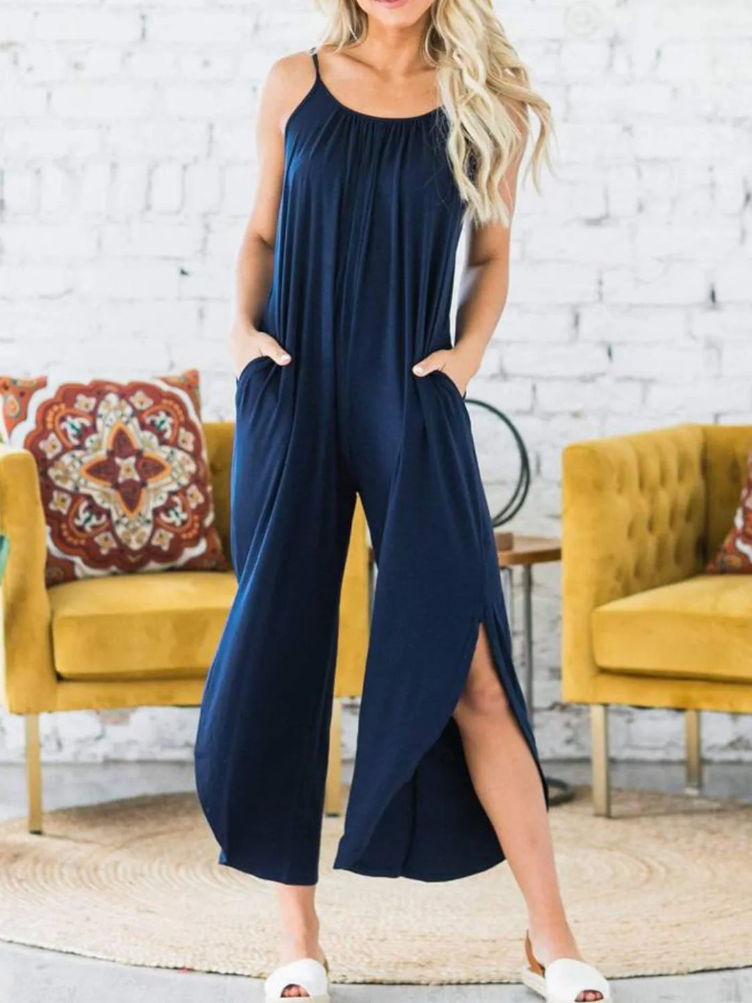 Dark Blue Slit Spaghetti Strap Jumpsuit With Pockets