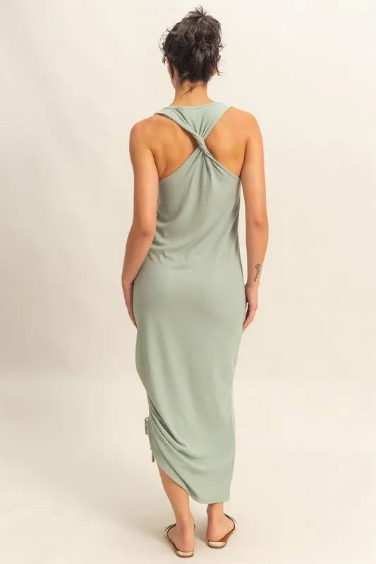 Sage Green Hyfve Scoop Neck Side Tie Detail Midi Dress 1