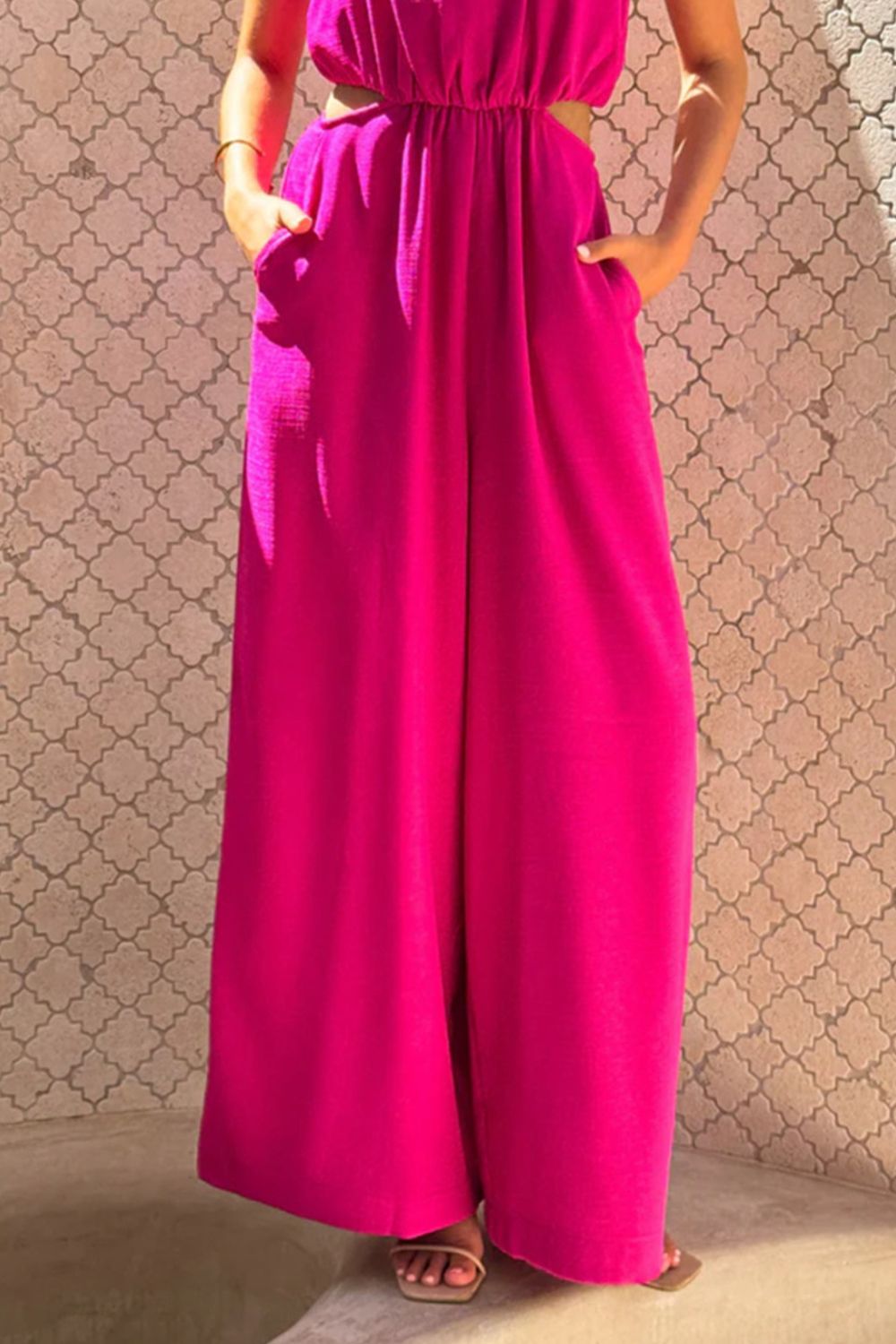 Red Cutout Sleeveless Wide Leg Jumpsuit