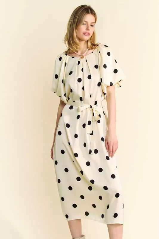 Davi Dani Polka Dot Puff Sleeves Waist Tie Midi Dress