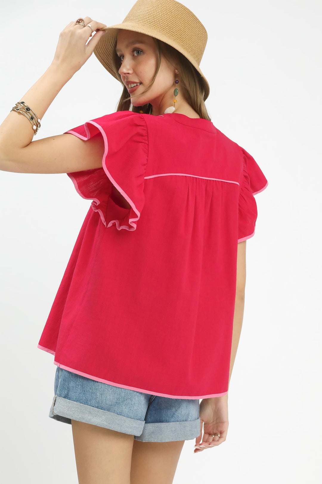 Red Umgee Contrast Trim Babydoll Blouse 1