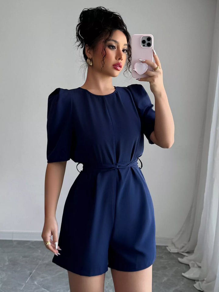 Navy Tie Waist Short Sleeve Romper