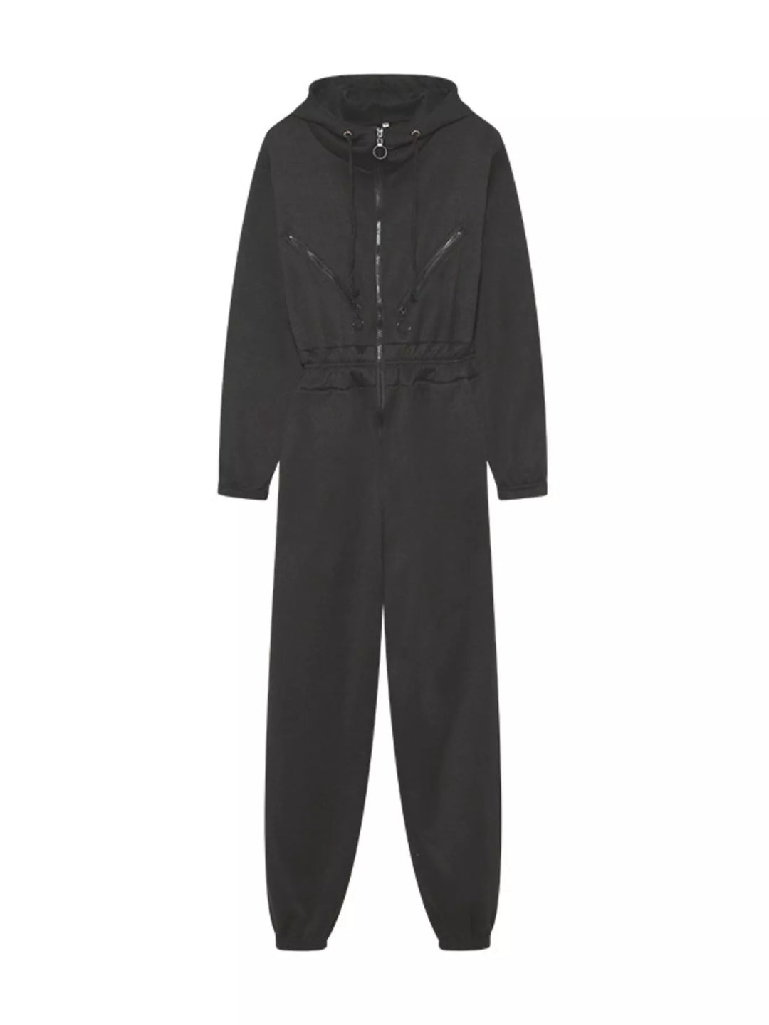 Black Hooded Zip Up Long Sleeve Jumpsuit