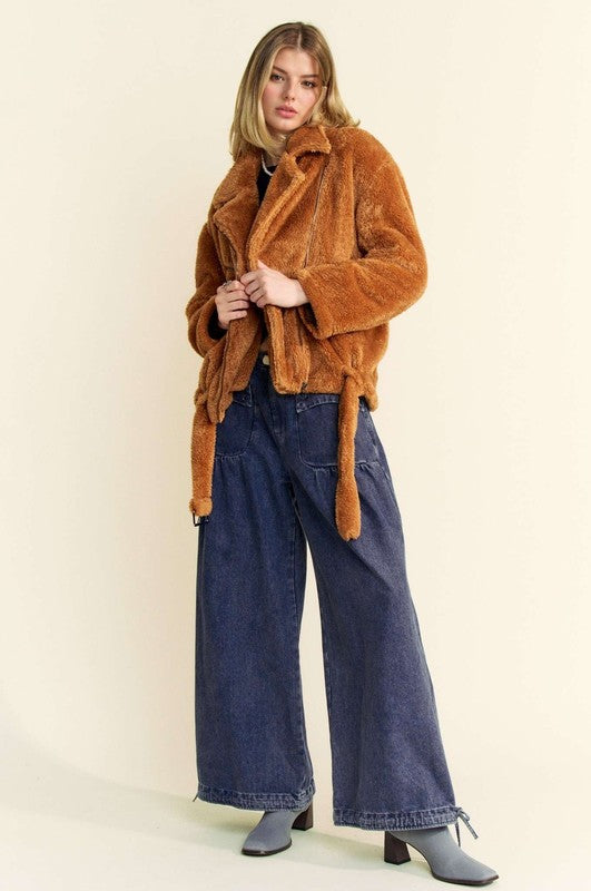 Davi Dani Fuzzy Zip Up Collared Neck Jacket