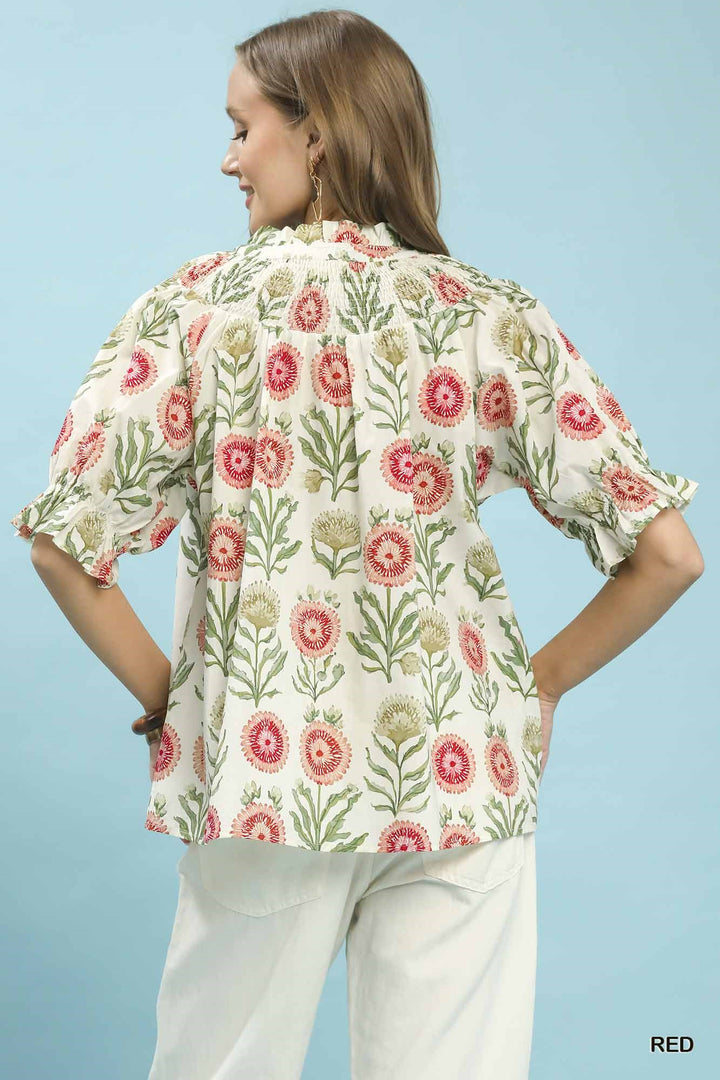 Red Umgee Floral Button Front Short Sleeve Top